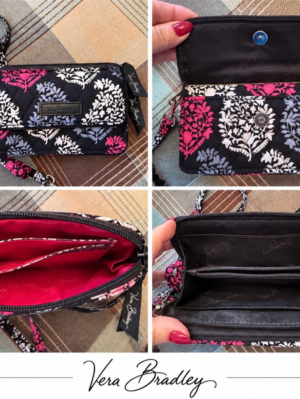Vera Bradley Black Floral Wristlet Wallet/Crossbody– Pink & White Damask